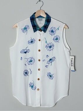 90’s Teddi Blue and Teal Floral Embroidery Plaid Collar Button-Up Tank top